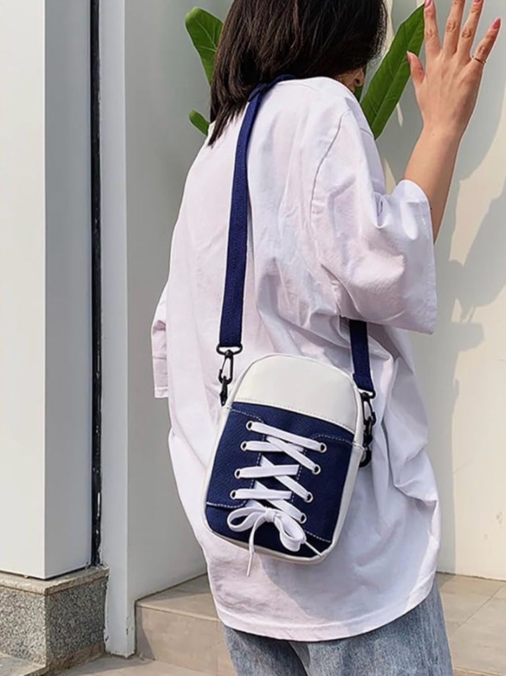 Shoelace Crossbody Bag Sneaker Style Canvas Purse Navy or Black Cute Trendy - Picture 7 of 8